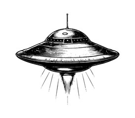 ufo engraving black and white outline