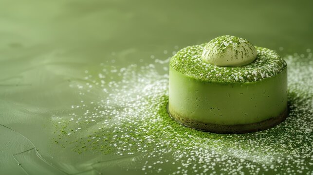 modern matcha green tea cake with a dusting of matcha on a soft green background, chic and ideal for health-focused text