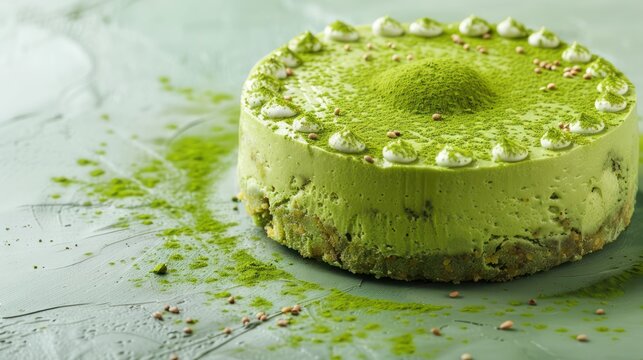 modern matcha green tea cake with a dusting of matcha on a soft green background, chic and ideal for health-focused text