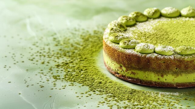 modern matcha green tea cake with a dusting of matcha on a soft green background, chic and ideal for health-focused text