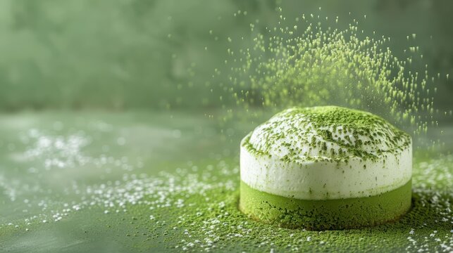 modern matcha green tea cake with a dust of green tea powder on a pastel green background, chic and perfect for health-focused text