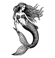 Wall Mural - mermaid engraving black and white outline