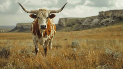 A brown and white cow grazing peacefully in a lush green grass field