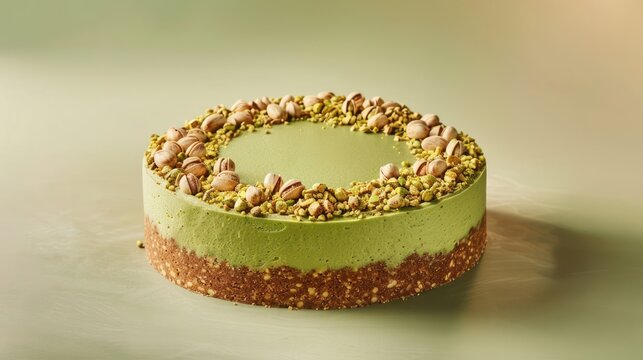 modern pistachio cake with crushed nuts on a light sage background, sophisticated and perfect for text