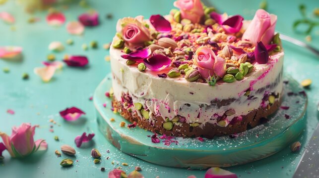 modern rose and pistachio cake with rose petals on a soft teal background, chic and perfect for stylish text