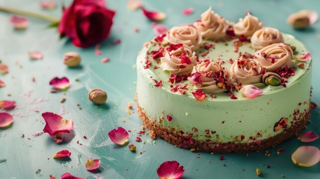 modern rose and pistachio cake with rose petals on a soft teal background, chic and perfect for stylish text