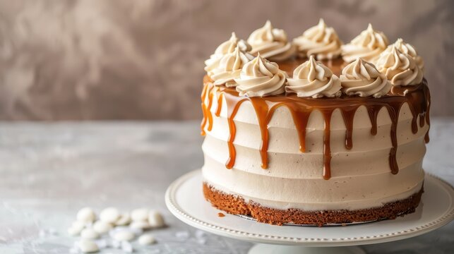 modern salted caramel drizzle cake on a soft dove gray background, chic and inviting for minimalist text