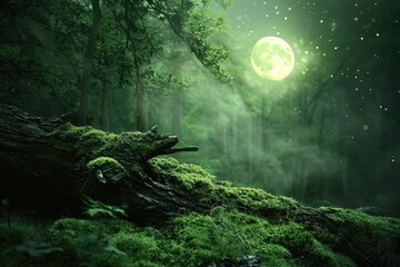 Canvas Print - a forest with a mossy log and a full moon in the sky
