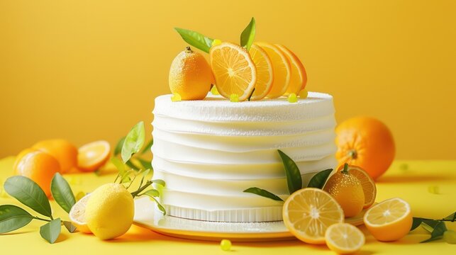 modern yuzu citrus cake with minimalist design on a vibrant yellow background, refreshing and perfect for lively text