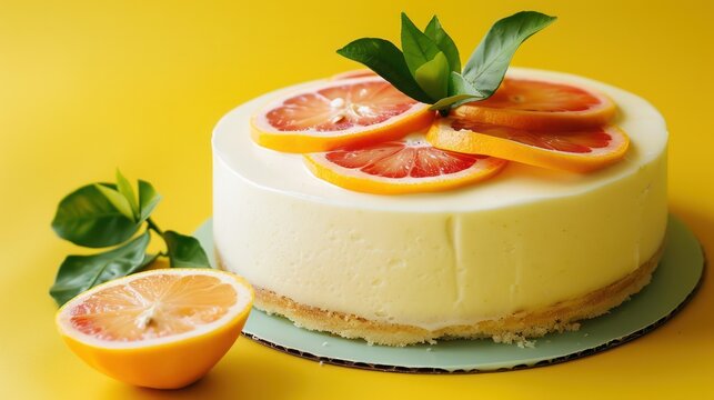 modern yuzu citrus cake with minimalist design on a vibrant yellow background, refreshing and perfect for lively text