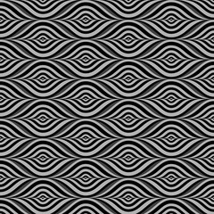 Wall Mural - Optical seamless pattern with black gray waves. Abstract liquid swirl flowing waves background. Vector decorative texture