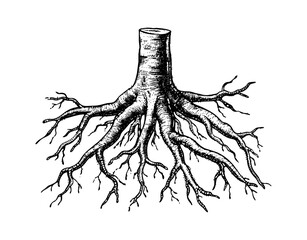 Wall Mural - root tree engraving black and white outline