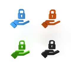Poster - Colorful Lock in hand icon isolated on white background. Padlock sign. Security, safety, protection, privacy concept. Minimalism concept. 3D render illustration
