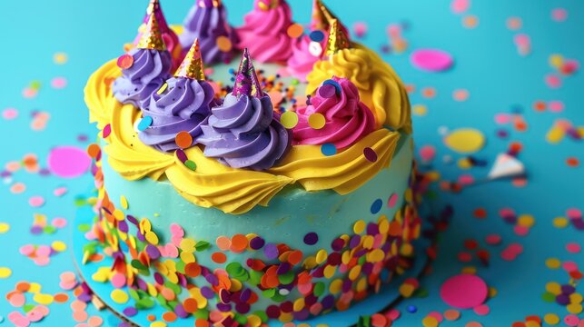 playful birthday cake with colorful icing and confetti on a neon blue background, vibrant and perfect for party text