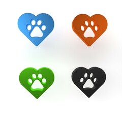 Wall Mural - Colorful Heart with animals footprint icon isolated on white background. Pet paw in heart. Love to the animals. Minimalism concept. 3D render illustration