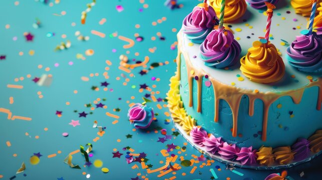 playful birthday cake with colorful icing and confetti on a neon blue background, vibrant and perfect for party text
