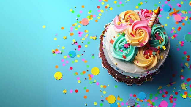 playful birthday cake with colorful icing and confetti on a neon blue background, vibrant and perfect for party text