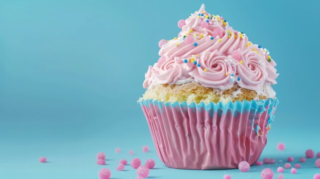 playful bubblegum cake with bubblegum flavored frosting on a bright blue background, fun and inviting for cheerful text