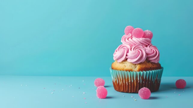 playful bubblegum cake with bubblegum flavored frosting on a bright blue background, fun and inviting for cheerful text