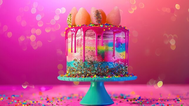 playful bubblegum cake with edible glitter on a neon magenta background, vibrant and fun for exciting text
