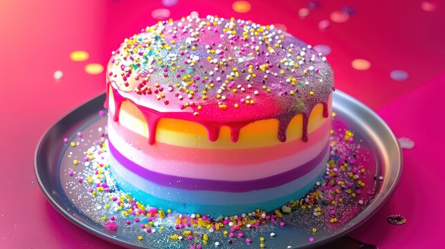 playful bubblegum cake with edible glitter on a neon magenta background, vibrant and fun for exciting text