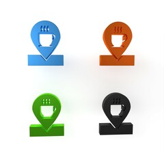 Sticker - Colorful Location with coffee cup icon isolated on white background. Minimalism concept. 3D render illustration