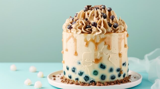 playful bubble tea cake with tapioca pearls and tea-infused frosting on a light teal background, fun and inviting for trendy text