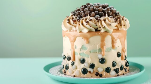 playful bubble tea cake with tapioca pearls and tea-infused frosting on a light teal background, fun and inviting for trendy text