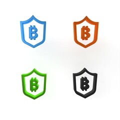 Poster - Colorful Shield with bitcoin icon isolated on white background. Cryptocurrency mining, blockchain technology, security, protect, digital money. Minimalism concept. 3D render illustration