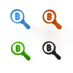 Poster - colorful magnifying glass with bitcoin icon isolated on white background. physical bit coin. blockch