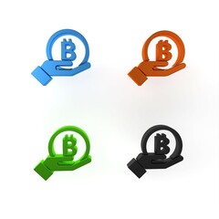 Canvas Print - Colorful Hand holding Bitcoin icon isolated on white background. Blockchain technology, digital money market, cryptocoin wallet. Minimalism concept. 3D render illustration