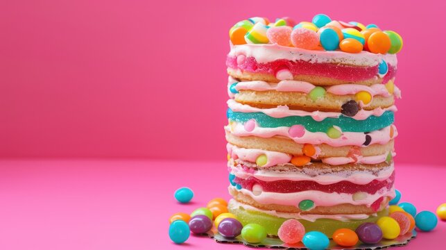 playful candy-themed cake with layers of colorful candy on a bright pink background, vibrant and fun for birthday parties