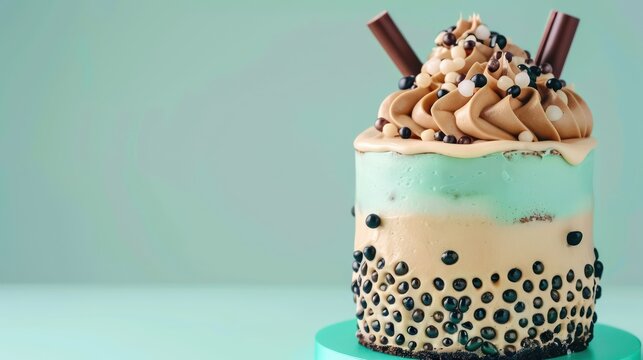playful bubble tea cake with tapioca pearls and tea-infused frosting on a light teal background, fun and inviting for trendy text
