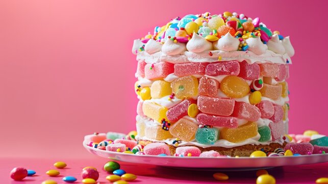 playful candy-themed cake with layers of colorful candy on a bright pink background, vibrant and fun for birthday parties