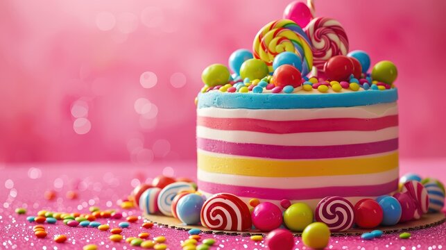 playful candyland cake with colorful candy decorations on a bright pink background, vibrant and fun for cheerful text