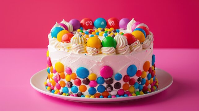playful candyland cake with colorful candy decorations on a bright pink background, vibrant and fun for cheerful text