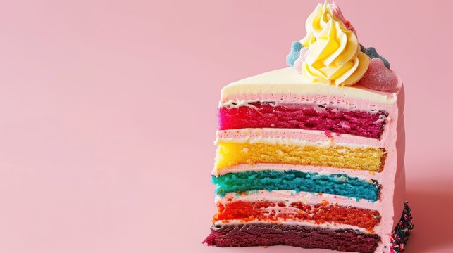 playful candy cake with layers of different flavored frostings on a light pink background, vibrant and sweet for fun text