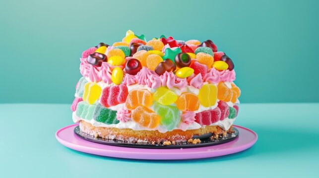 playful candy cake with gummy toppings on a bright cyan background, colorful and cheerful for text