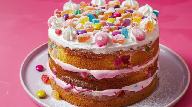 playful candy crush cake with layers of candy and icing on a bright pink background, fun and vibrant for cheerful text