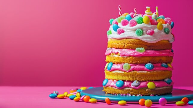 playful candy crush cake with layers of candy and icing on a bright pink background, fun and vibrant for cheerful text