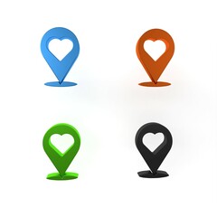 Poster - Colorful Map pointer with heart icon isolated on white background. Valentines day. Love location. Romantic map pin. Minimalism concept. 3D render illustration
