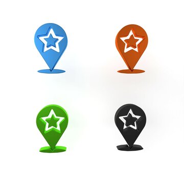 Colorful Map pointer with star icon isolated on white background. Star favorite pin map icon. Map markers. Minimalism concept. 3D render illustration