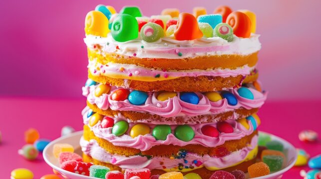 playful candy land cake with layers of colorful candies and frosting on a bright candy pink background, vibrant and fun for birthday celebrations