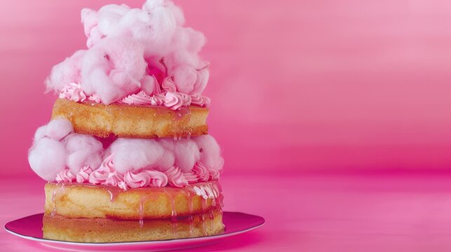 playful candy floss cake with pink cotton candy on a bright fuchsia background, vibrant and fun for exciting text