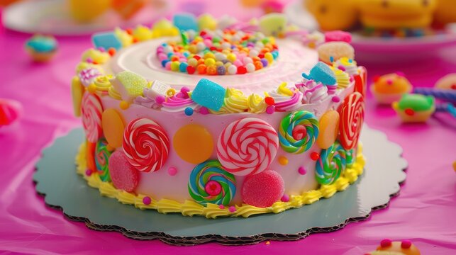 playful candy land cake with colorful candy decorations on a bright pink background, vibrant and fun for birthday parties