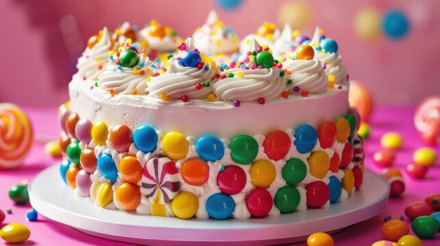 playful candy land cake with colorful candy decorations on a bright pink background, fun and vibrant for cheerful text