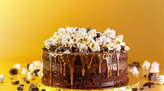 playful chocolate popcorn cake with caramel drizzle on a golden yellow background, fun and inviting for movie nights