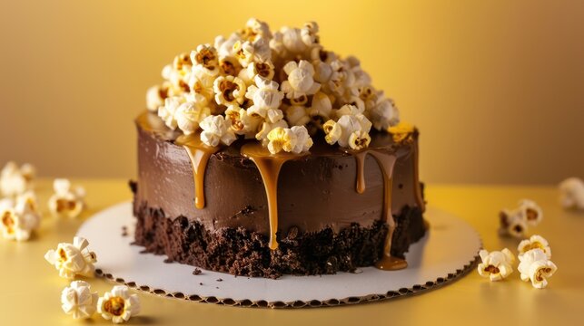 playful chocolate popcorn cake with caramel drizzle and real popcorn on a golden yellow background, perfect for movie-themed parties