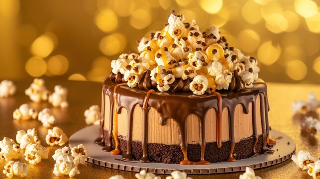 playful chocolate popcorn cake with caramel drizzle and real popcorn on a golden yellow background, perfect for movie-themed parties