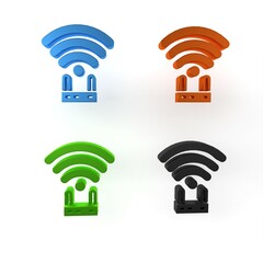 Poster - Colorful Router and wi-fi signal icon isolated on white background. Wireless ethernet modem router. Computer technology internet. Minimalism concept. 3D render illustration